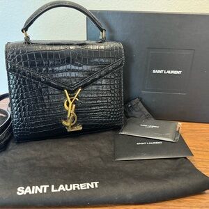 Saint Laurent Black Croc-Embossed Bag with Gold Logo